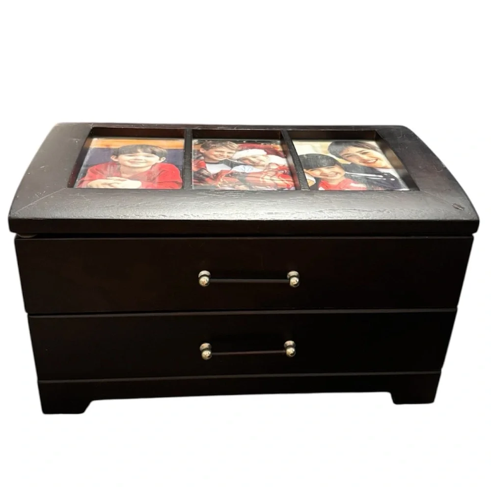 Vintage Dark Wood Jewelry Box 2-Drawer Glass Lid Trinket Organizer Picture Frame
